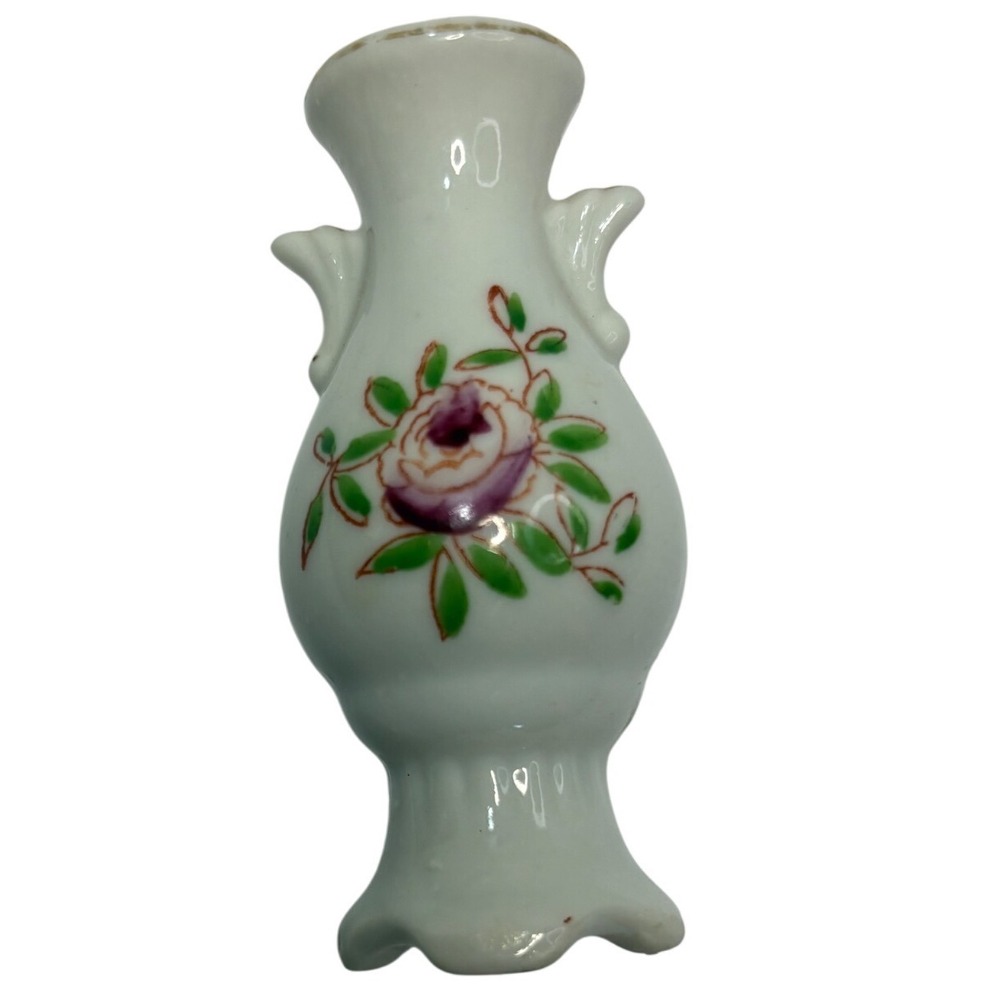 Occupied Japan Miniature Porcelain Bud Vase Rose Floral Double Handle Vintage